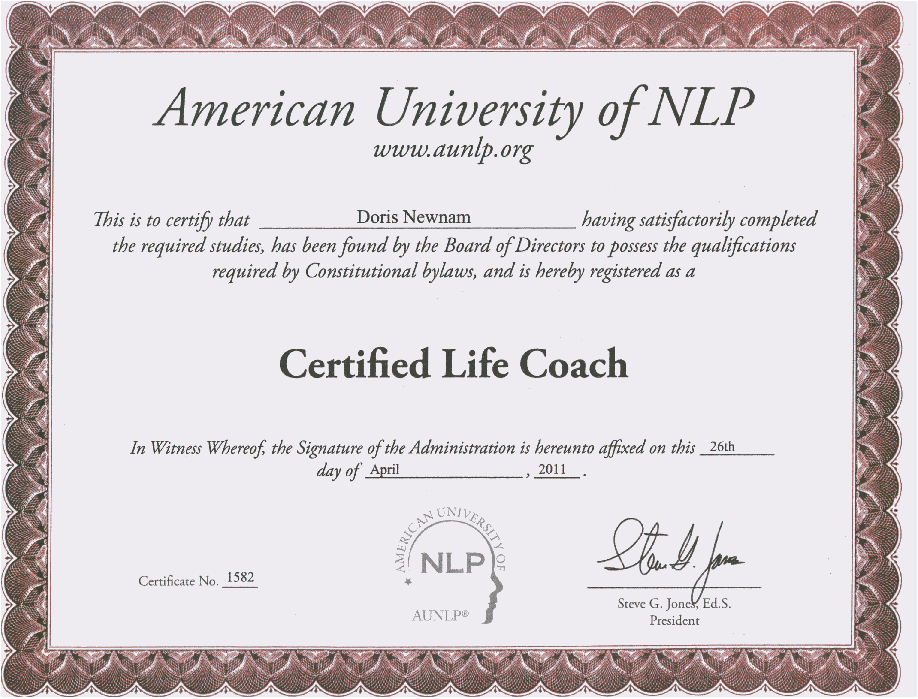 Doris Newnam, Life Coaching Certificate by AUNLP