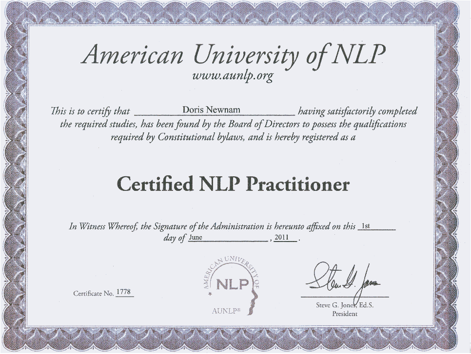 Doris Newnam, NLP Practitioner Certificate by AUNLP